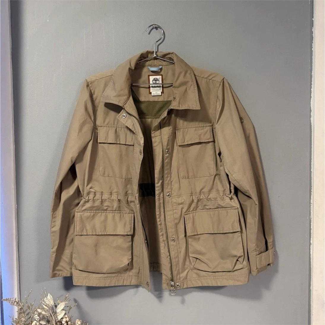 Field & Stream Beige Military Jacket Mid-Length Button Zip Pockets Outdoor Men