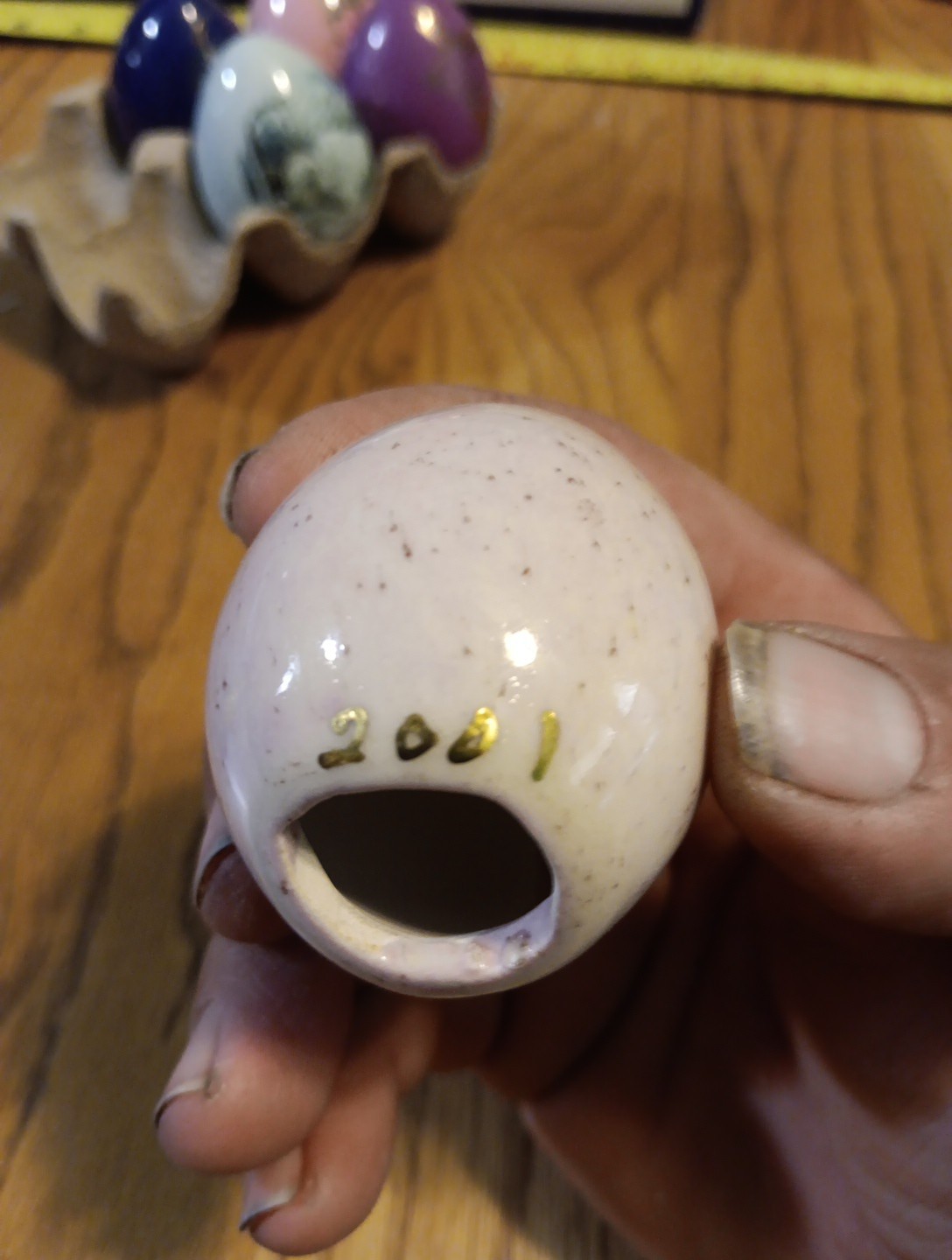 6 Painted Porcelain Eggs 2000- 2001. Flowers,Indians, Buffalo, Cranes