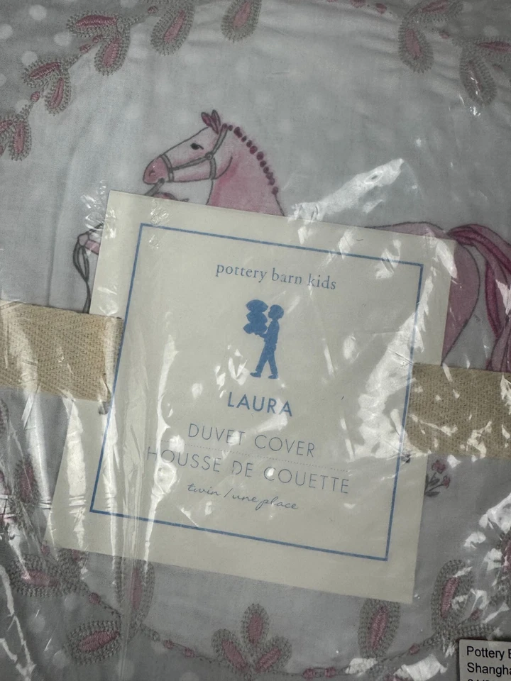 Funda nórdica doble Pottery Barn Kids caballo ecuestre gris rosa punto Laura PBK nueva con etiquetas Foto 4 de 4