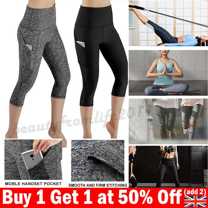 3/4 Women High-Waist Yoga Pants Pocket Gym Leggings Capri Fitness