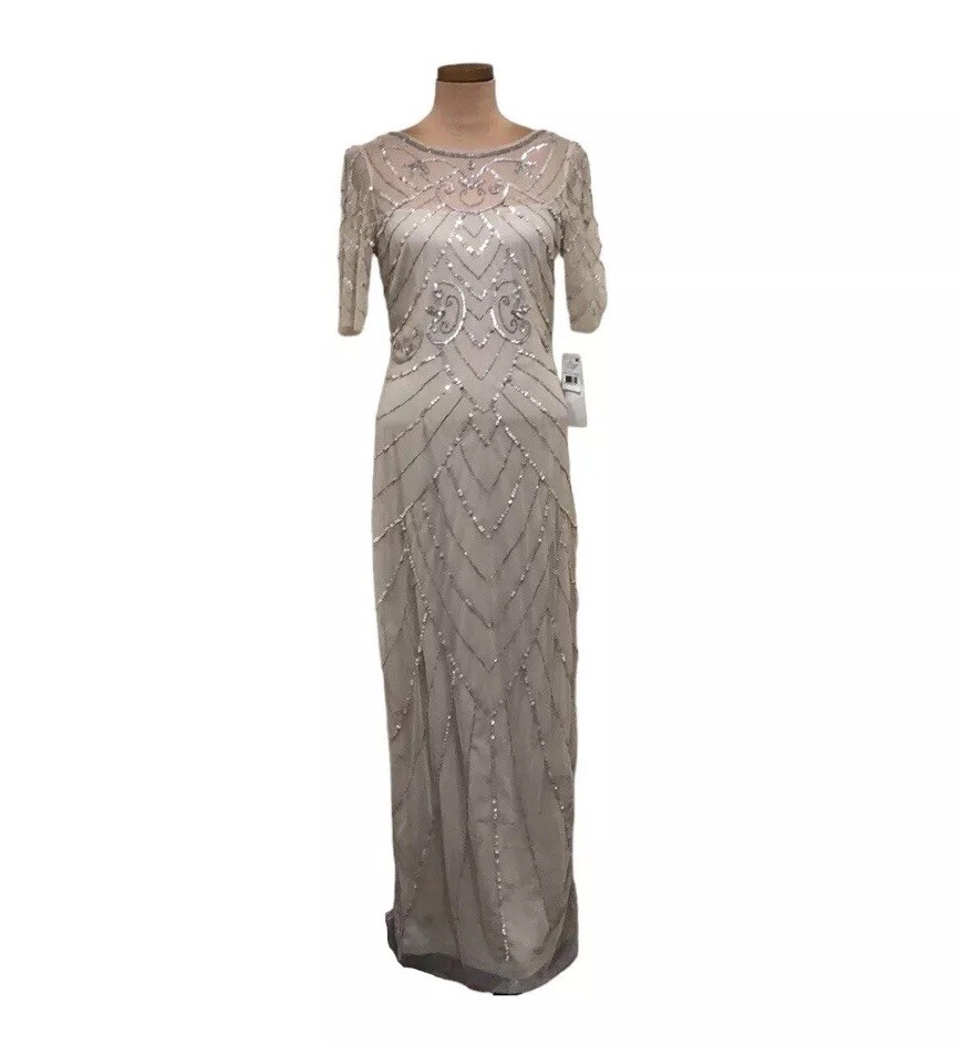 papell studio beaded sheath dress NWT Papell Studio by Adrianna Papell Formal Maxi Dress Size 6 Beige Beaded  Gown