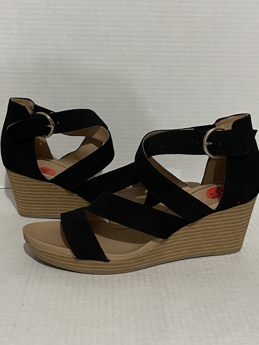 Scholl's ELLYN Black Wedge Sandals Strappy Vegan Women’s Size