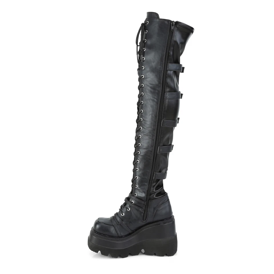 Bota DEMONIA SHAKER-350 para mujer 4" plataforma de cuña con cordones sobre la rodilla cremallera lateral Foto 3 de 4