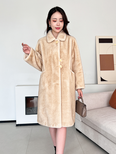 Winter Women's Long Mink Fur Coat Lapel Collar Warm Fur Button Long Mink Jacket - Bild 5 von 17