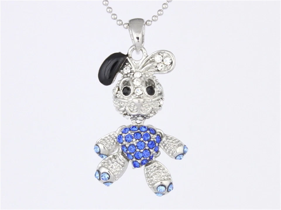 Blue Rhinestone Crystal Movable Rabbit Bunny Doll Pendant Necklace P919 - Image 2 of 3