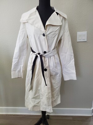 DKNY Women's White Trench Coat With Black Buttons and Belt