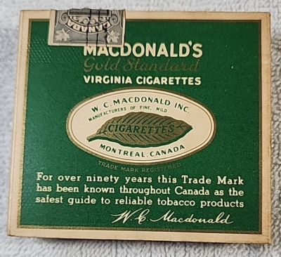 MACDONALDS Gold Standard CANADA empty 20 cigarette pack box with Tax Stamp 