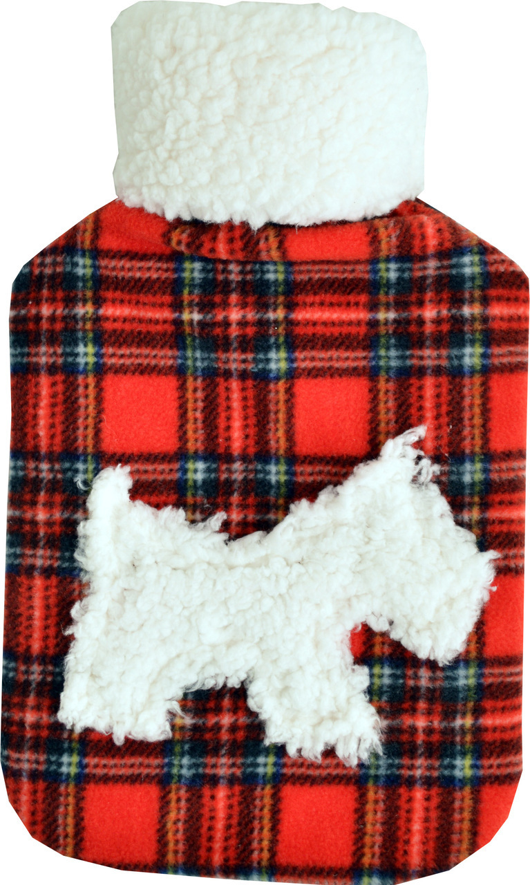 Fleece Applique Cosy Fleece 2L Hot Water Bottle: Red Tartan Scottie Dog