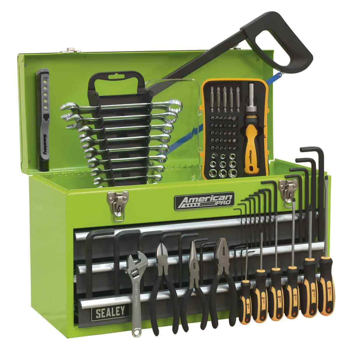 Sealey Portable Tool Chest 3 Drawer with Ball Bearing Slides - Hi-Vis & 93pc ...