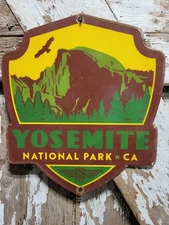VINTAGE PORCELAIN SIGN YOSEMITE NATIONAL PARK RANGER TRAIL CABIN CAMP SHIELD 12"