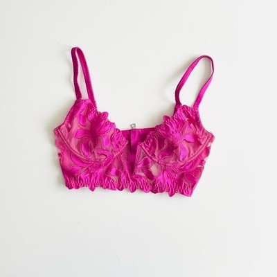 Fleur du Mal 32B Lily embroidered longlined unlined demi bra in fuchsia pink