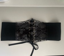 Women's Black Embroidered Elastic Lace-up Corset Waist Belt W/Snap Back SIZE M/L
