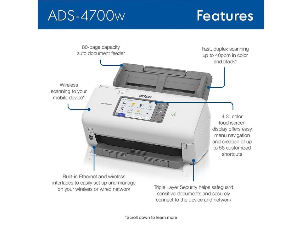 Brother ADS4700W Dual CIS 600 x 600 dpi Sheet Fed Professional Desktop Scanner - Image 3 of 4