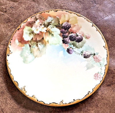Lovely Antique JPL France Plate Blackberries Gold Trim 8'' Signed Shipman