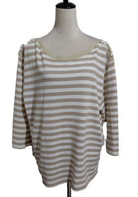 Kenneth Too! 3X Pullover Striped Top 3/4 Sleeve Beige White Shoulder Tie Detail