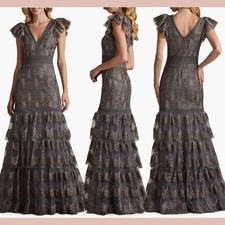 NWT, TADASHI SHOJI Flutter Sleeve Tiered Plunge Neck Gown Sz 14 LD313