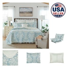 Cotton Quilt Set Queen Blue Floral 3 Piece Full Size Bedding with Two Shams All