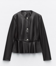 Zara Kunstleder Jacke Peplum Schwarz Veste Lederjacke Lederoptik Rüschen Gr. XS