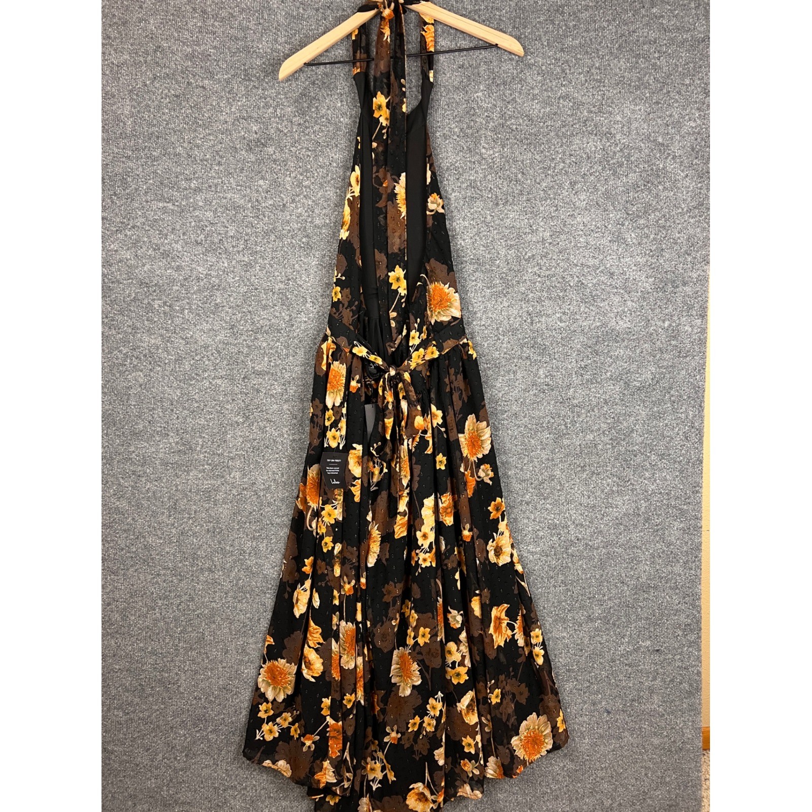 Lulus Black Floral Halter Madi Dress XL Evening Party Boho Flowy