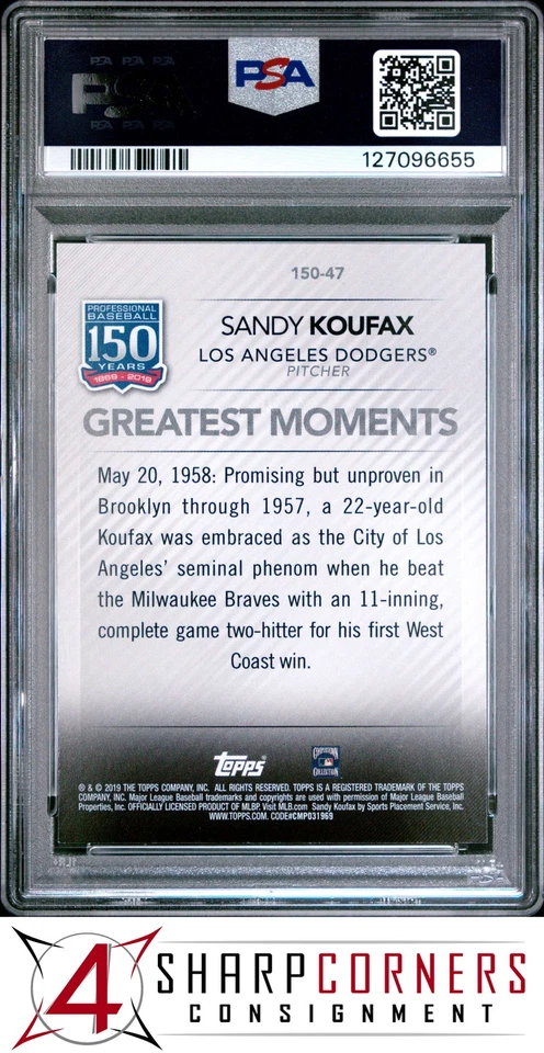 2019 TOPPS 150 YEARS OF PROFESSIONAL BASEBALL #47 SANDY KOUFAX HOF POP 1 PSA 10 - Image 2 of 3