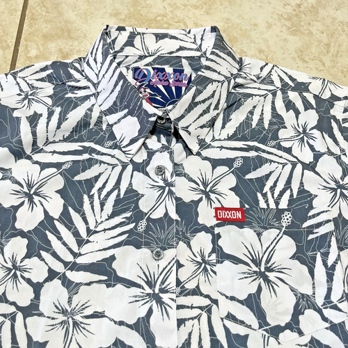 Dixxon Aloha Series Shirt Womens Size Large Grey White Floral Button Hawaiian