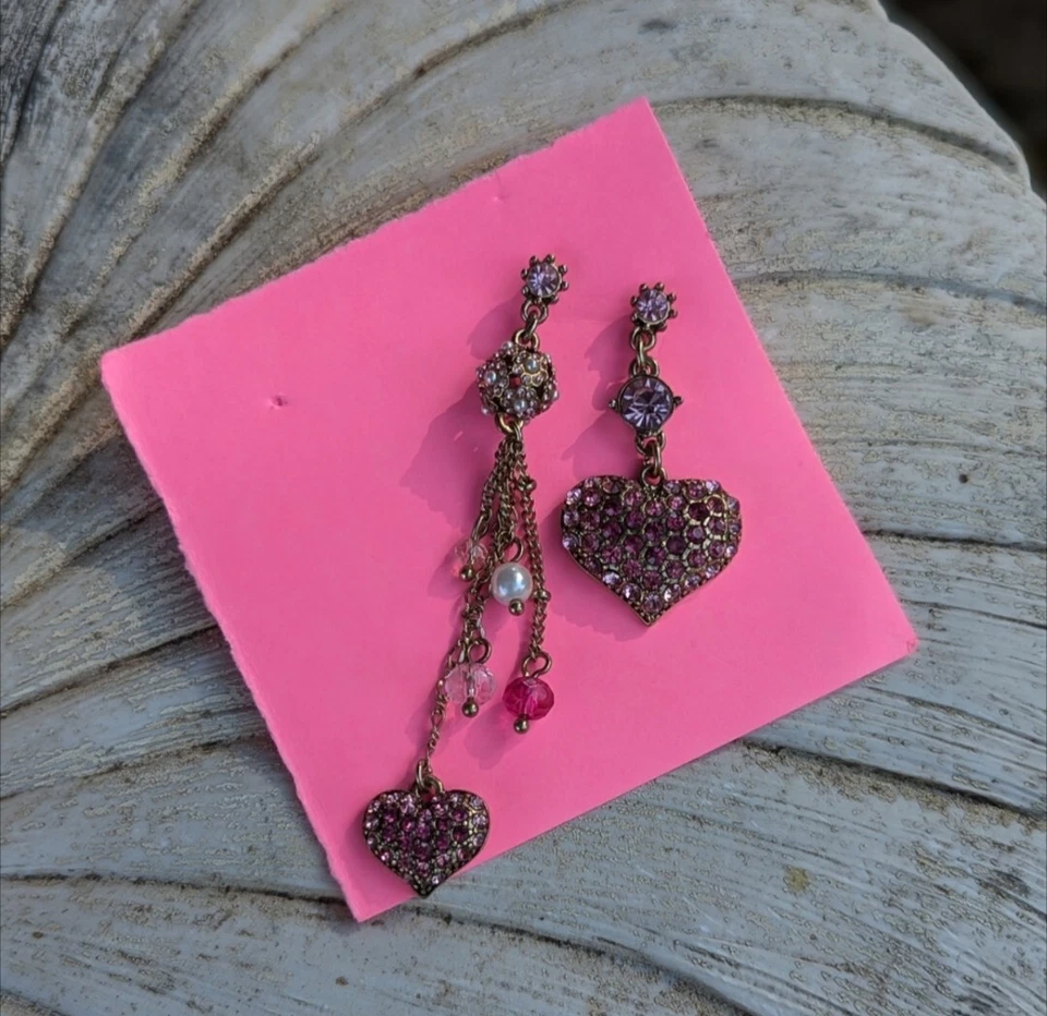 Betsey Johnson Perfectly Pave Pink Crystal Heart Asymmetric Earrings - Image 3 of 4