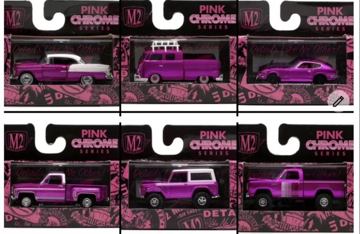 M2 Machines Pink Chrome Series set of 6: Chevy Volkswagen Nissan Ford Dodge