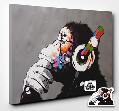 Banksy DJ Affe Gorilla Schimpanse Leinwandbild Wandbild fertig zum Aufhängen verschiedene Größen
