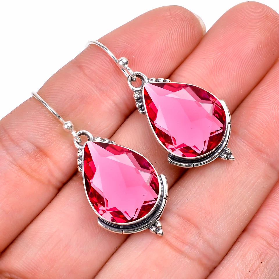 Pendiente fresco de plata de ley 925 maciza con piedras preciosas de turmalina rubelita rosa V10330 Foto 2 de 4