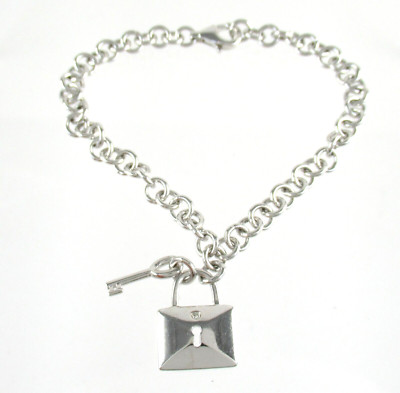 .925 Sterlingsilber Bettelarmband mit Diamantschloss & Schlüssel Rolo Link Kabel 7''