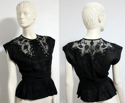 Vintage black linen peplum blouse crochet sleevele