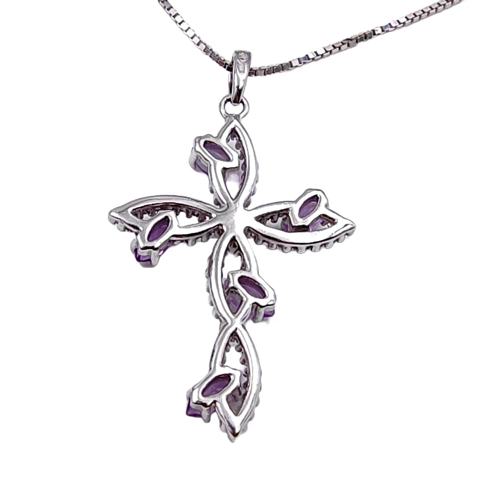 Collana in argento 925 Croce Pendente con Ametista girocollo da donna religioso - Immagine 4 di 4