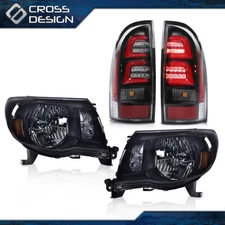 Smoke/Black Headlights & 3D LED Tube Bar Tail Lights Fit For 05-11 Toyota Tacoma