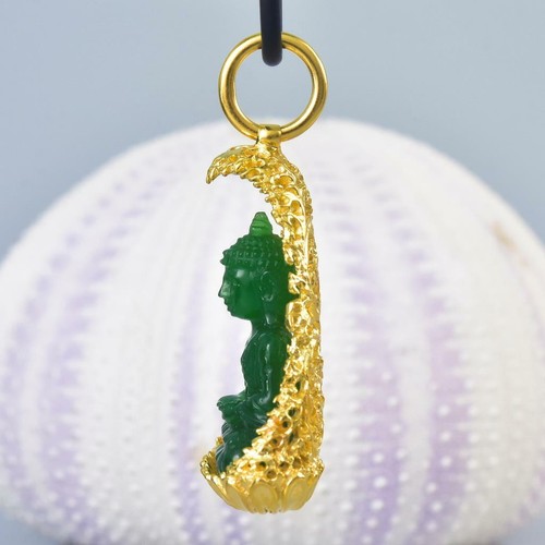Buddha Bild Gold Vermeil Sterling Bodhi Baum Grün Chalzedon Anhänger 13.04 G - Bild 8 von 9