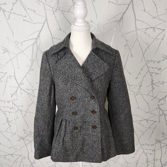 Cynthia Steffe Gray Tweed 100% Wool Double Breasted Peplum Peacoat | Women's 8