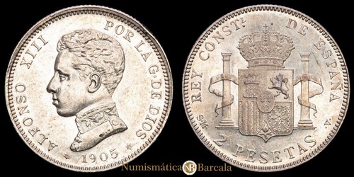 Alfonso XIII. 2 Pesetas (10,07 g.). 1905 - *19-05*. Ensayador SM·V. AC-88. UNC - Imagen 1 de 3