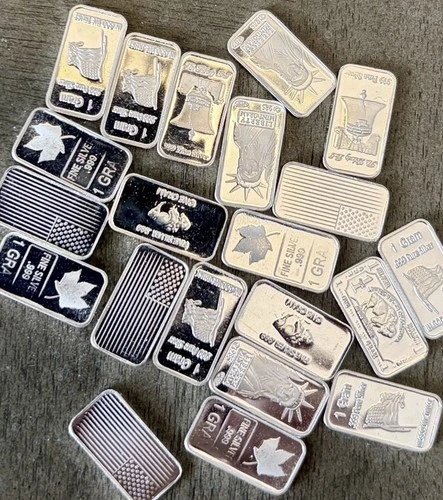 Lot of 10 x 1 Gram .999 Fine Silver Bars; Random Mints & Designs