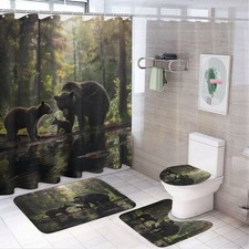 4Pcs Lovely Black Bear Shower Curtain, Forest Animal Tree Lake Shower Curtain...