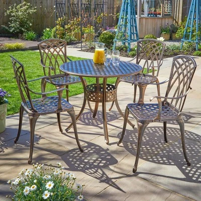 HOME SOURCE Brown Bistro Set Outdoor Garden Patio Lattice Table and 4 Chairs Aluminium Frame