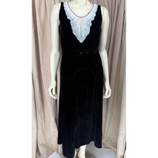 Antique 1920s 30s Black Silk Velvet Dress Glass Beaded Collar Belted Flapper