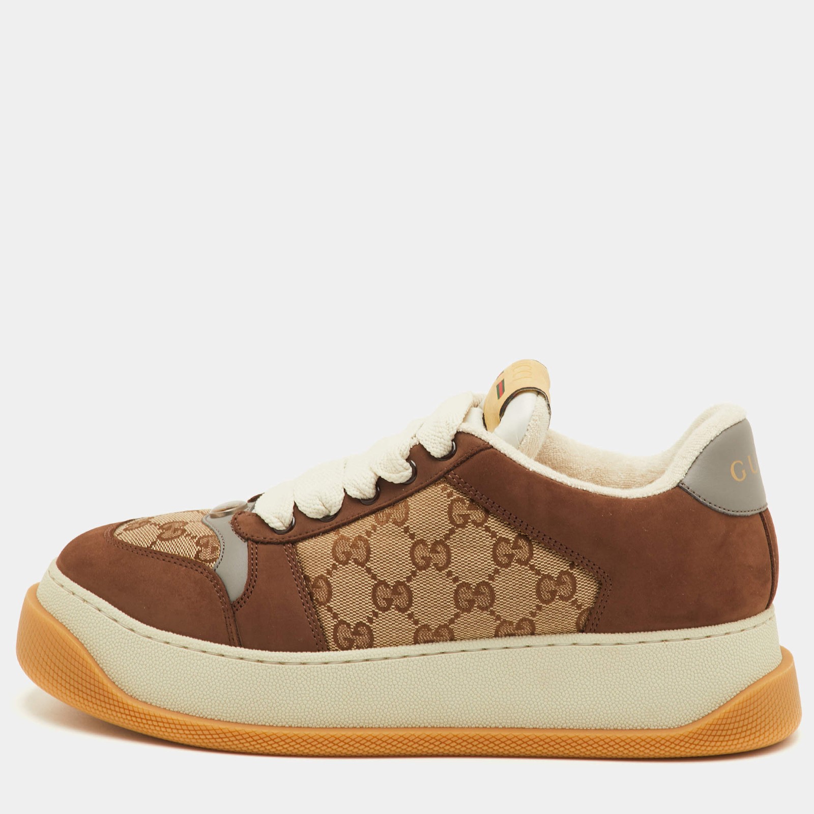 Gucci Screener Size 41.5 Brown GG Canvas and Nubuck Leather Lace Up Sneakers