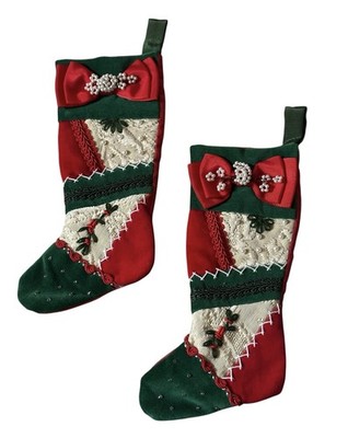 2 Vtg Crazy Quilt Style Patchwork Christmas Stocking Small Pearls Lace Velvet 8''