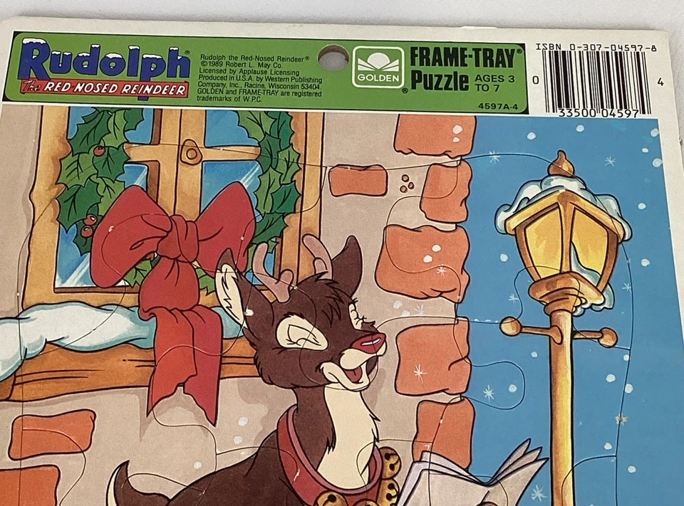 Golden Rudolph Red Nosed Reindeer Santa Merry Ride Tray Puzzles Vintage 80s  - Image 3 of 4
