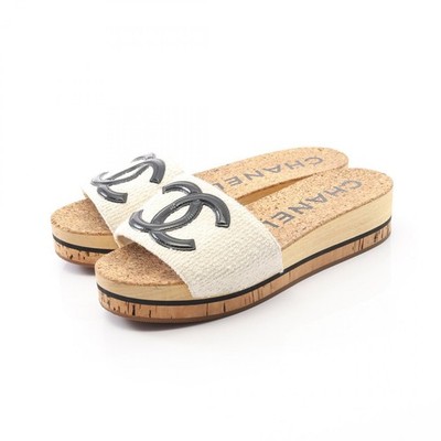 CHANEL COCO Mark Mule Sandal G35799 Fabric Patent leather White