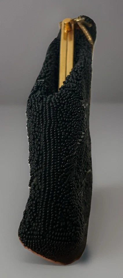 Vintage Black Bead Evening Bag  W/Scalloped Closure-Handmade Hong Kong 7"x 10” - Image 4 of 4