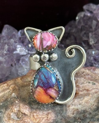 Turquoise Dahlia Spiny Oyster Pink Dahlia Cat Statement Sterling Silver Ring