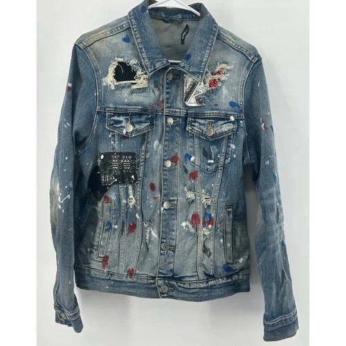 Embellish NYC Mens Distressed Paint Splatter Patchwork Denim Jacket Blue Medium - product listing photo