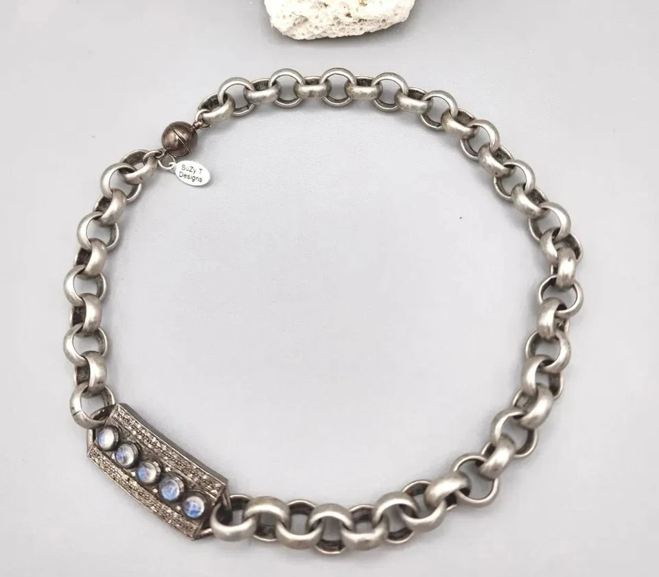 Brazalete/gargantilla SuZy T Haute Chic piedra lunar y diamante cadena gruesa doble envoltura Foto 3 de 4