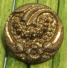 Antique Black Glass Button Floral Lacey Gold Foil Relief Bead Tunnel Shank 1/2"