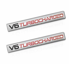 2 - Brand New Embossed Aluminum V6 Turbocharged Turbo Badge Emblem Silver Red